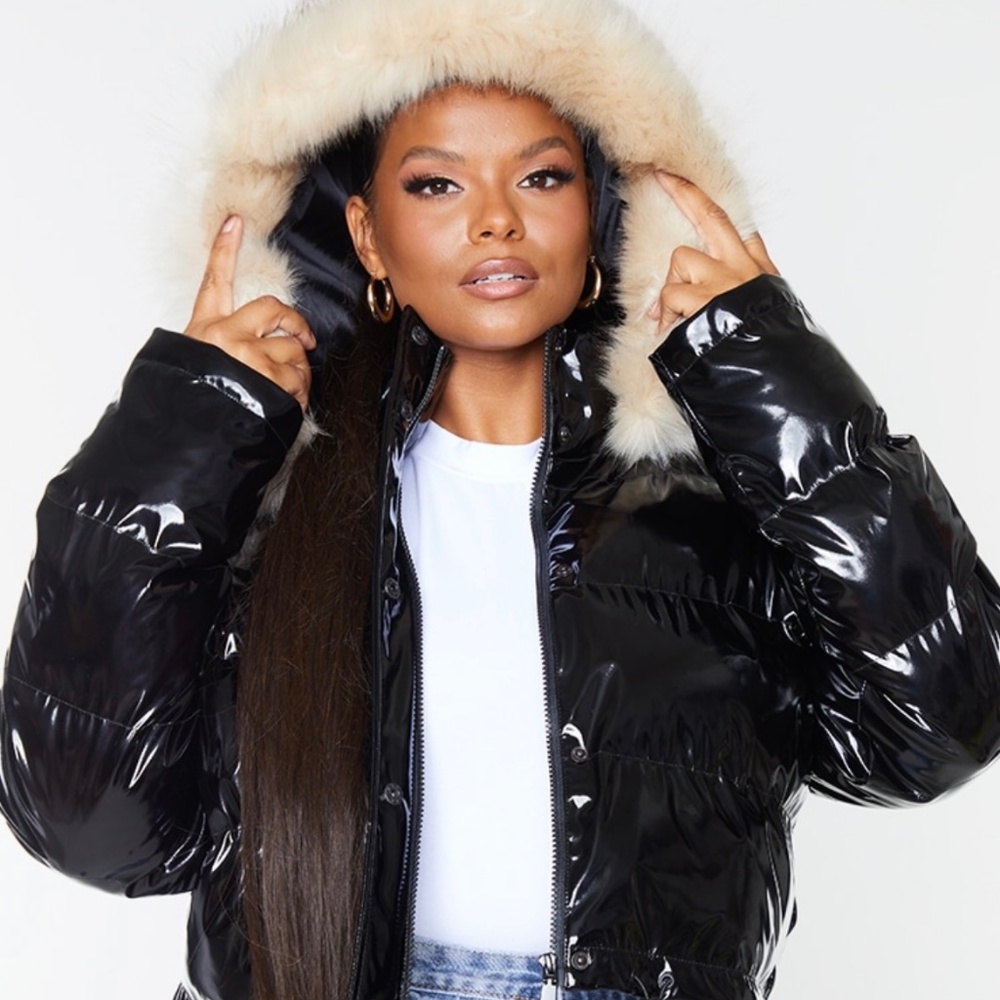 Black Vinyl Cropped Faux Fur Hooded Puffer